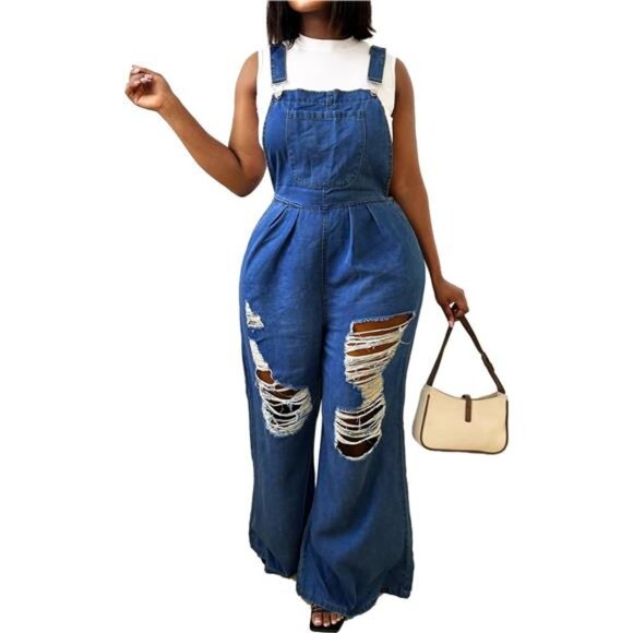 New Women’s Ripped Denim OverallsWide-Leg Cargo JumpsuitAdjustable Strap